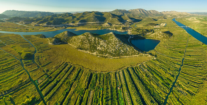Aerial view of the Neretva delta valley river near Ploce, South Dalmatia, Croatia.