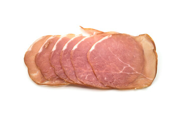 Closeup of slices of smoked ham on white background