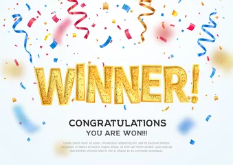 Foto op Canvas Golden winner word on white background with colorful confetti. Winning vector illustration template. Congratulations with absolutely victory. © Oleg