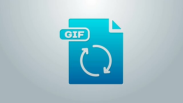 Blue line GIF file document. Download gif button icon isolated on grey background. GIF file symbol. 4K Video motion graphic animation