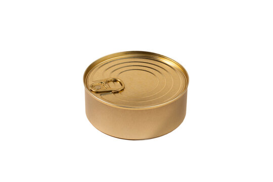 Gold unlabeled tin cans on white background