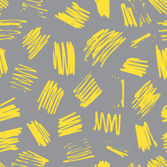 Cute abstract vector illuminated yellow and ultimate gray textured hand drawn scribble square shape seamless pattern. Trendy texture for textile design, wrapping paper, surface, wallpaper, background