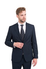 luxury look. groomed guy wear elegant apparel. barbershop salon. ceo has successful business. modern formal style. handsome businessman in suit. male office fashion. confident boss isolated on white