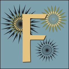 Letter "F" with geometric stars, in yellow, green and black, on a desaturated blue-green background
