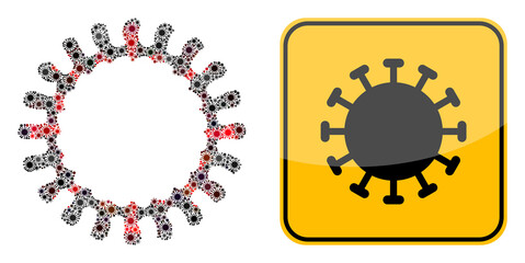 Mosaic coronavirus icon and covid-2019 danger sign. Vector covid infection items are united into mosaic coronavirus. Covid danger sign uses black and yellow colors, and rounded square shape.
