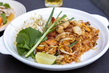 Thai fried noodles with shrimps name Phad Thai Goong