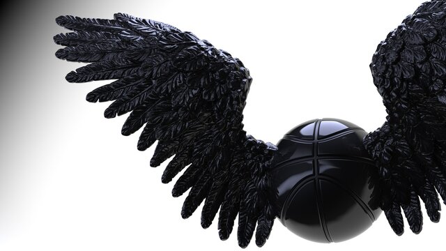 Black basketball with the black Wings under flash light background. 3D illustration. 3D high quality rendering.
