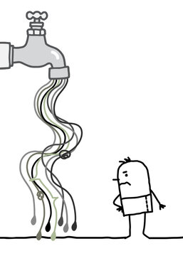 Upset Carton man watching a Tap with Gray polluted Water Flow