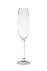 Empty clear champagne glass on white background
