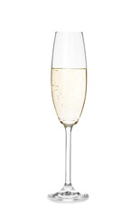 Glass of champagne on white background. Festive drink