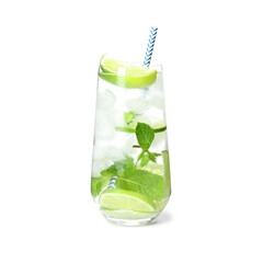 Glass of delicious mojito isolated on white