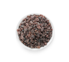 Bowl of Himalayan black salt isolated on white, top view