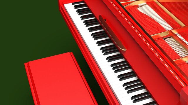 Red Grand Piano under Dark Green Background. 3D illustration. 3D high quality rendering. 3D CG.