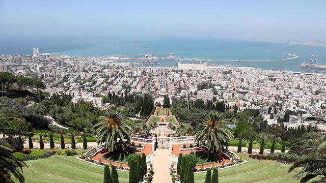 Beautiful aerial view of Bahai Gardens, Haifu city, port, Mediterranean Sea.
