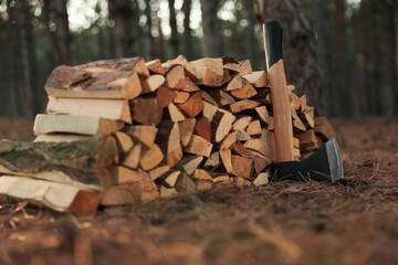 Stack of cut firewood and axe in forest, closeup