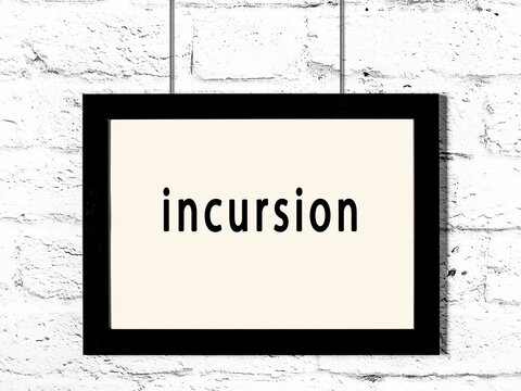 Black frame hanging on white brick wall with inscription incursion