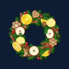 New year and Christmas wreath isolated on dark blue background. Vector illustration. - 399653120