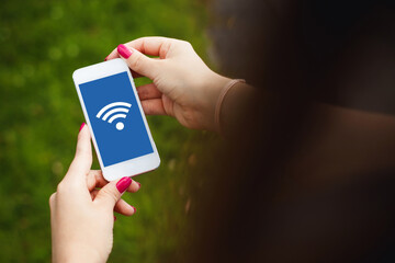 Home Wifi network. Wireless internet connection. Tablet mobile spot. Online symbol background. Wi-fi icon. Modern computer technology. Mobile device network signal. Girl holding mobile phone.