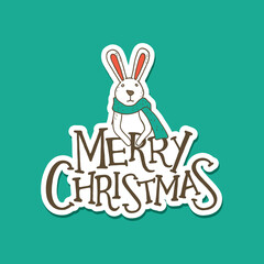 Merry Christmas Lettering with a Rabbit. Sticker Design - 399654775