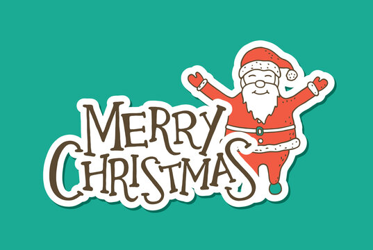 Merry Christmas Lettering with Santa. Sticker Design