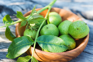 Killograms of green non-ripe walnuts are cooked before ripening for preparation of medicinal tincture or drug. branch of walnut with young leaves on sun