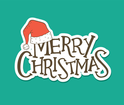 Merry Christmas Lettering. Santa Hat. Sticker Design