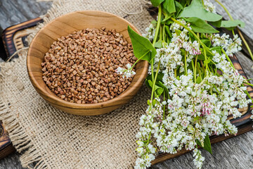 Dry uncooked buckwheat in wooden plate. Food for raw food and vegans. Ingredient for healthy food for weight loss.