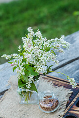Transparent jar for loose products with dry buckwheat.