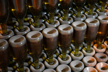 Champagne grand cru sparkling wine production in bottles in rows in underground cellars, Reims, Champagne, France