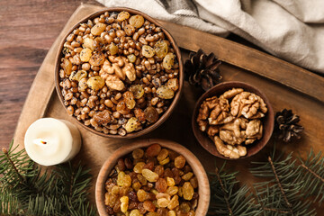 Traditional Christmas slavic dish kutia served on wooden table, top view