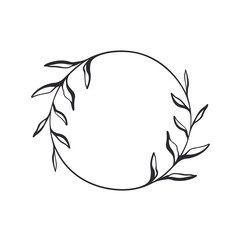 Frame template. Wreath. Round frame with vine. Hand drawn floral wreaths. Vector hand drawn design element. Round border with space for text. Leaf wreath. Logo template. Plant frame. Flowers frame.
