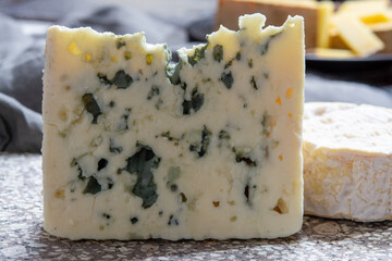 Cheese collection, French semi hard Roquefort blue cheese made from sheep milk in region Roquefort-sur-Soulzon, France