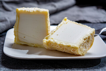 Cheese collection, French soft Chabichou of Poitou cheese made from goat milk in region Nouvelle-Aquitaine, France