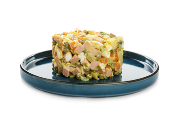 Delicious russian salad Olivier on white background