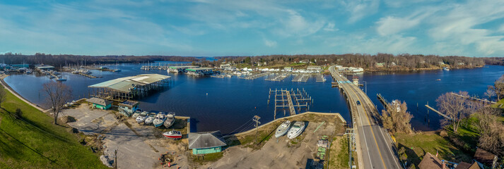 Aerial panorama of Fredericktown Georgetown marina on the Sassafras river near in Maryland with...