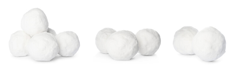 Fototapeta na wymiar Set of different snowballs on white background. Banner design