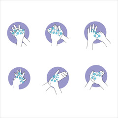 set of symbols. Vector illustrations of hand washing with water soap on palms
