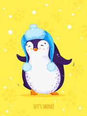 Cute dancing penguin in a hat with ear flaps. Yellow trendy background with snowflakes and stars. Greeting card with text Lets shine.