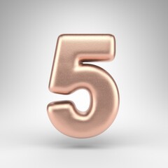 Number 5 on white background. Matte copper 3D number with shiny metallic texture.