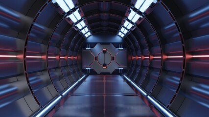 Science background fiction interior rendering sci-fi spaceship corridors red light.
