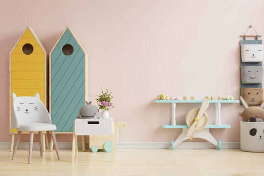 Scandinavian children room design ideas in light pink color wall background.