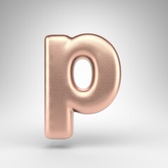 Letter P lowercase on white background. Matte copper 3D rendered font with shiny metallic texture.