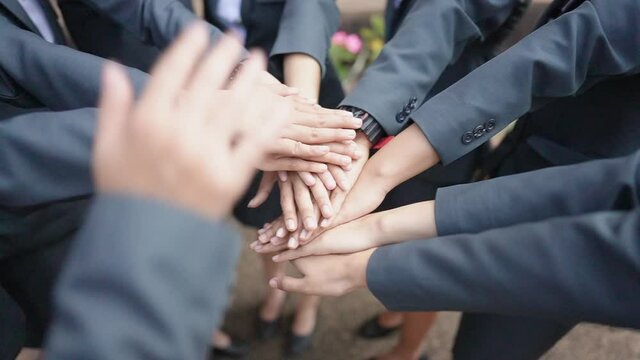 teamwork of working women who touch their hands to work together