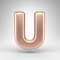 Letter U uppercase on white background. Matte copper 3D rendered font with shiny metallic texture.