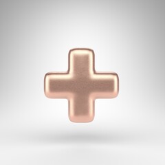 Plus symbol on white background. Matte copper 3D rendered sign with shiny metallic texture.