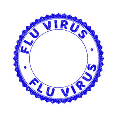 Grunge FLU VIRUS round rosette stamp. Copy space inside circle. Vector blue rubber imitation of FLU VIRUS label inside round rosette. Stamp seal with grunge texture.