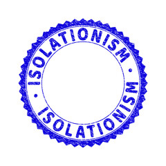 Grunge ISOLATIONISM round rosette stamp. Copy space inside circle. Vector blue rubber watermark of ISOLATIONISM text inside round rosette. Stamp seal with dust texture.