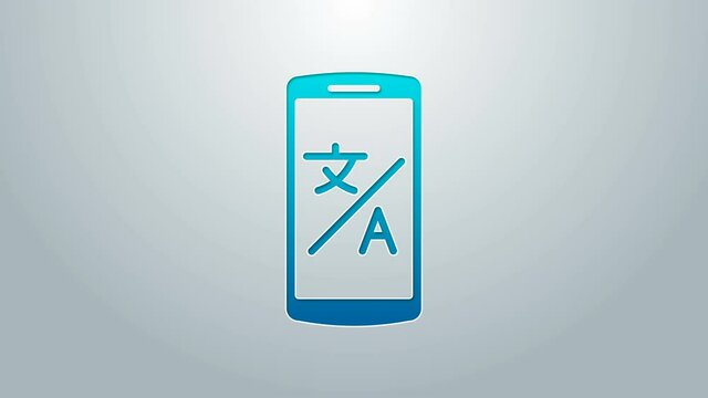 Blue line Online translator icon isolated on grey background. Foreign language conversation icons in chat speech bubble. Translating concept. 4K Video motion graphic animation