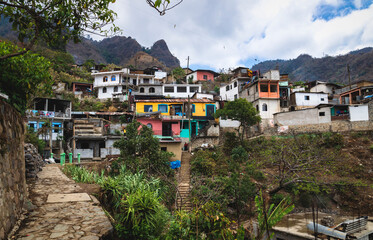 Colorful town houses in the indigenous mountain village along lake Atitlan, Santa Cruz La Laguna, Guatemala