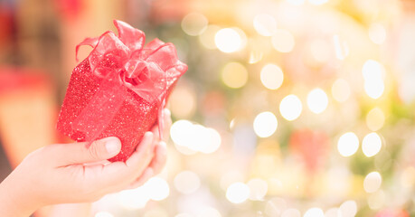 Female hand holding gift box and preparing for decorated on the Christmas tree and for the Celebrate with season.